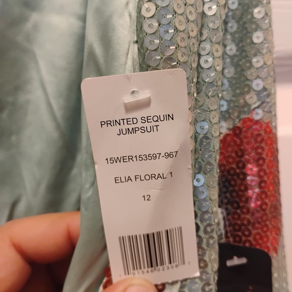 NWT Bebé Printed Sequin Jumpsuit Teal Elia Floral Stunning Classy Size 12 - Picture 8 of 12